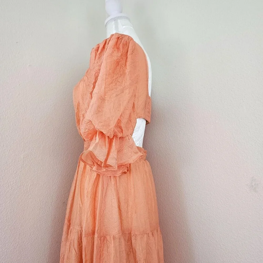 MOON RIVER Womens Sz S Puff Sleeve Tiered Back cutout Midi Dress Coral Cocktail - Picture 11 of 16